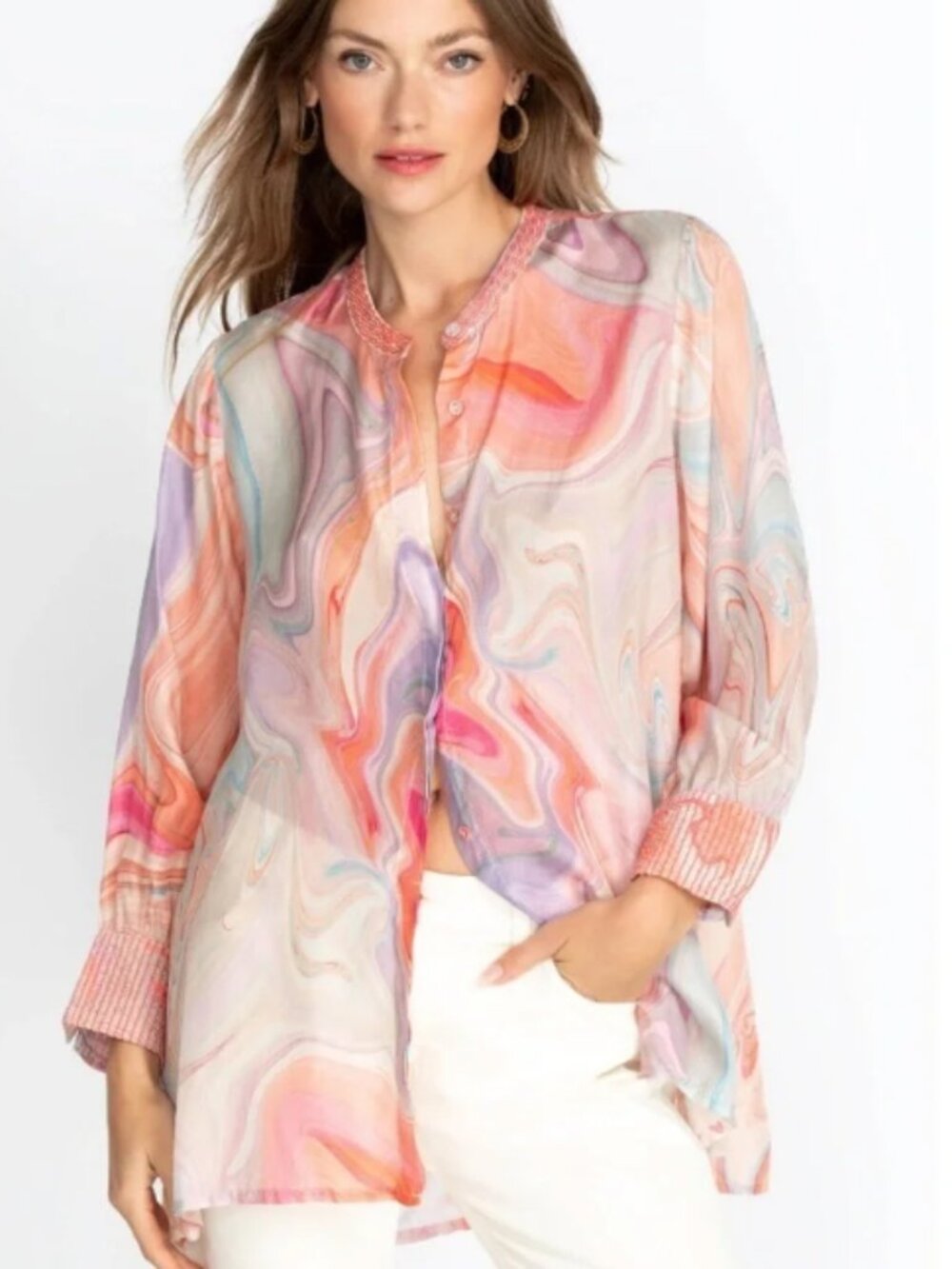 Johnny Was Workshop Laguna Vesper Voyager Tunic 100% Silk Marbled Embroidered S